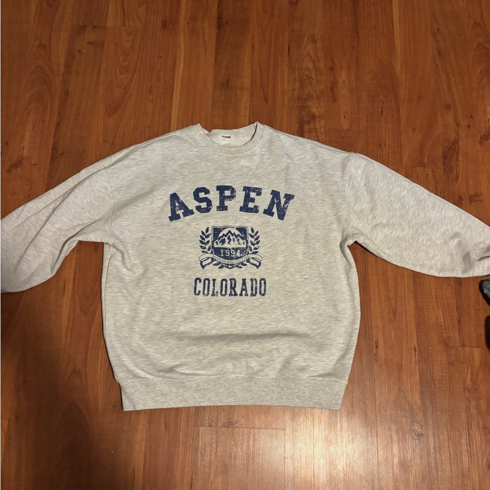 Garage Gray Crewneck Sweater with Blue Aspen Design